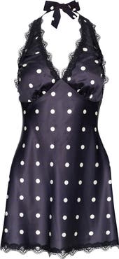 LIONESS Stars Align Polka Dot Lace Trim Halter Minidress