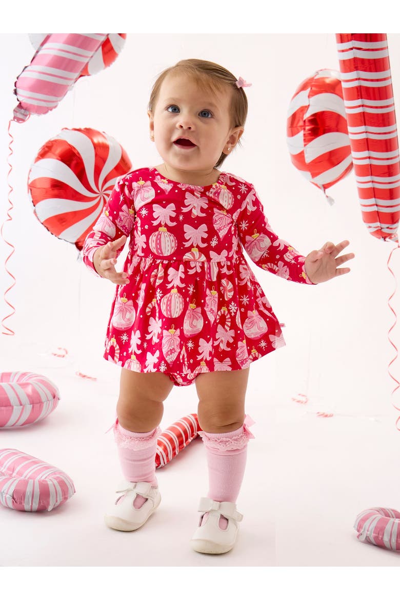 Holiday Knit Long Sleeve Twirl Top and Bloomer Set, Alternate, color, Red Holly Ornament Bows