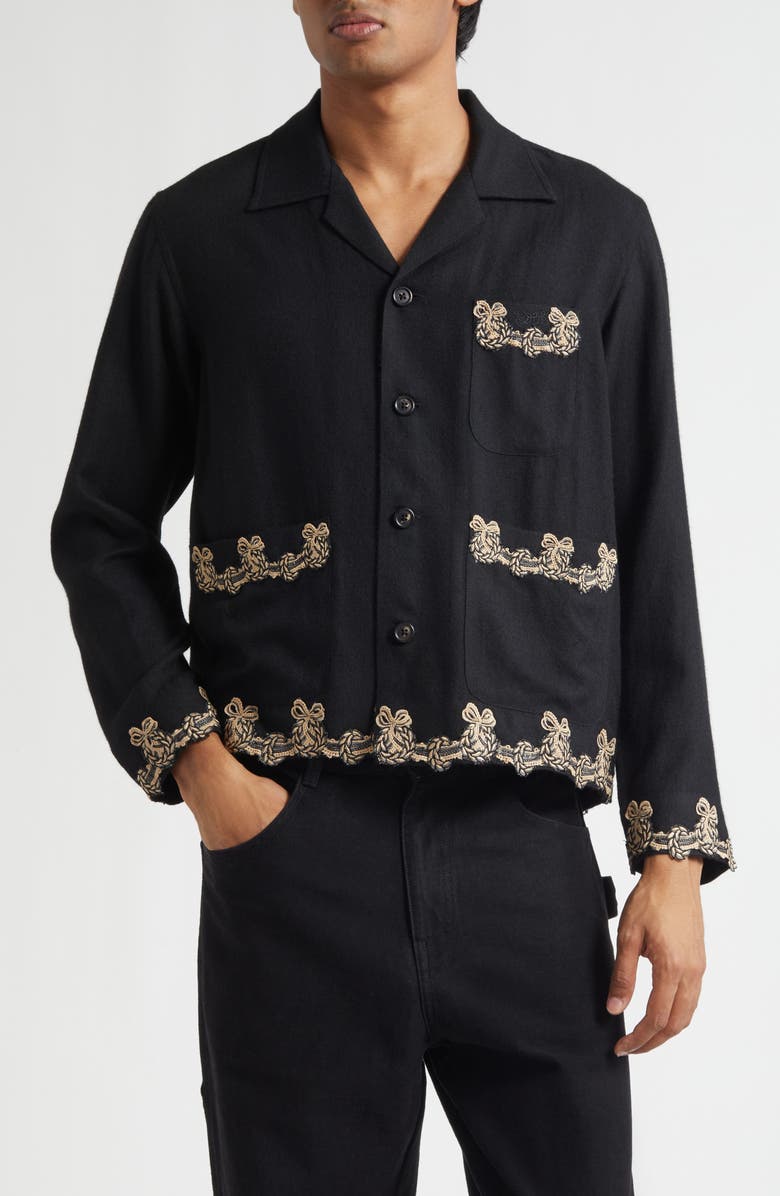 Bode Laurelist Wool Flannel Overshirt, Main, color, Black