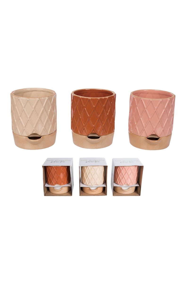 Transpac Small Terracotta Etched Self Water Planter Set of 3 Home Decorations for Spring Planters, Main, color, Multicolored