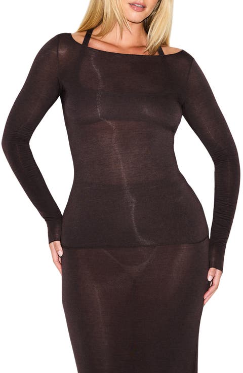 Sheer Modal Blend Long Sleeve Boat Neck Top (Regular & Plus)