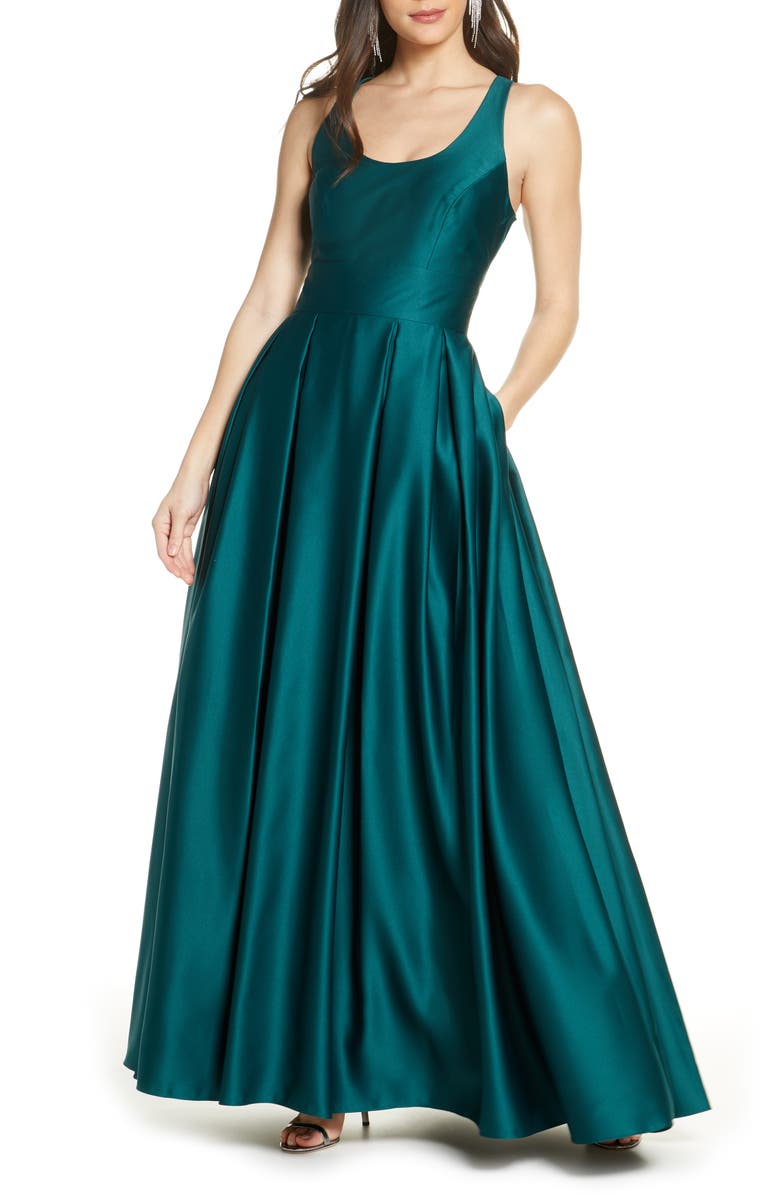 Morgan & Co. Back Cutout Satin Ballgown, Main, color, 