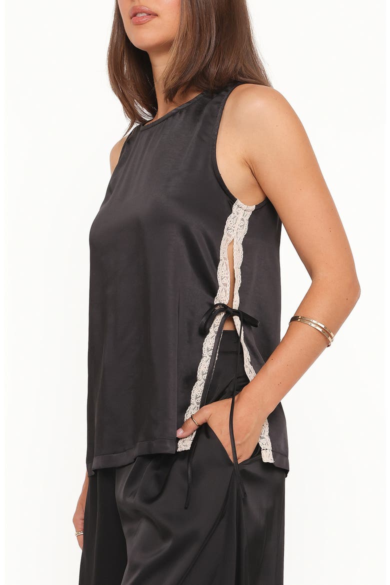 Coleman Side Slit Satin & Lace Top, Alternate, color, BLACK