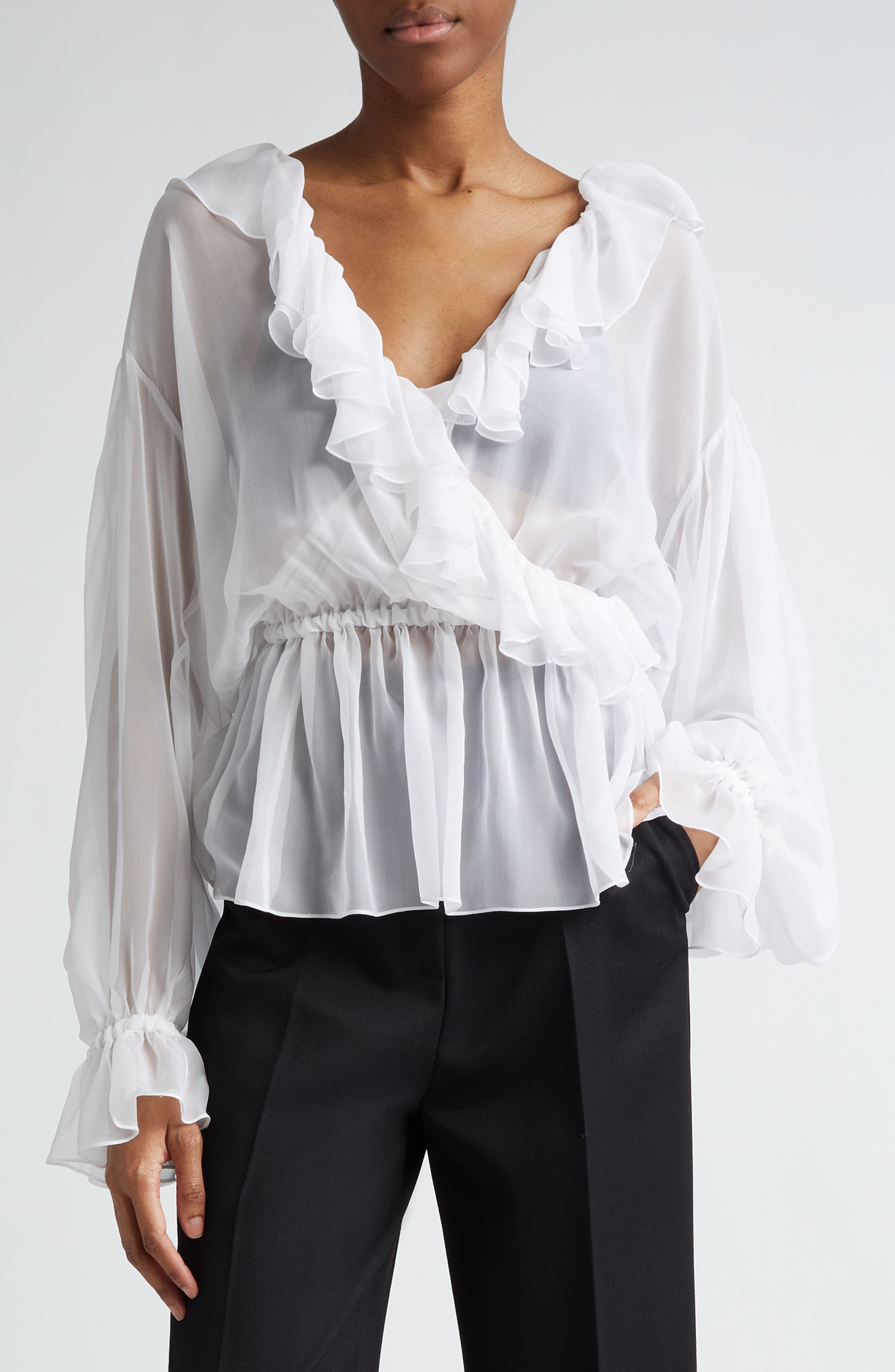 Ruffle Long Sleeve Silk Chiffon Top