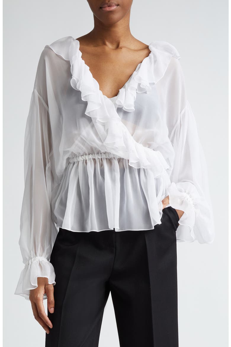 Ruffle Long Sleeve Silk Chiffon Top, Main, color, BIANCO OTTICO