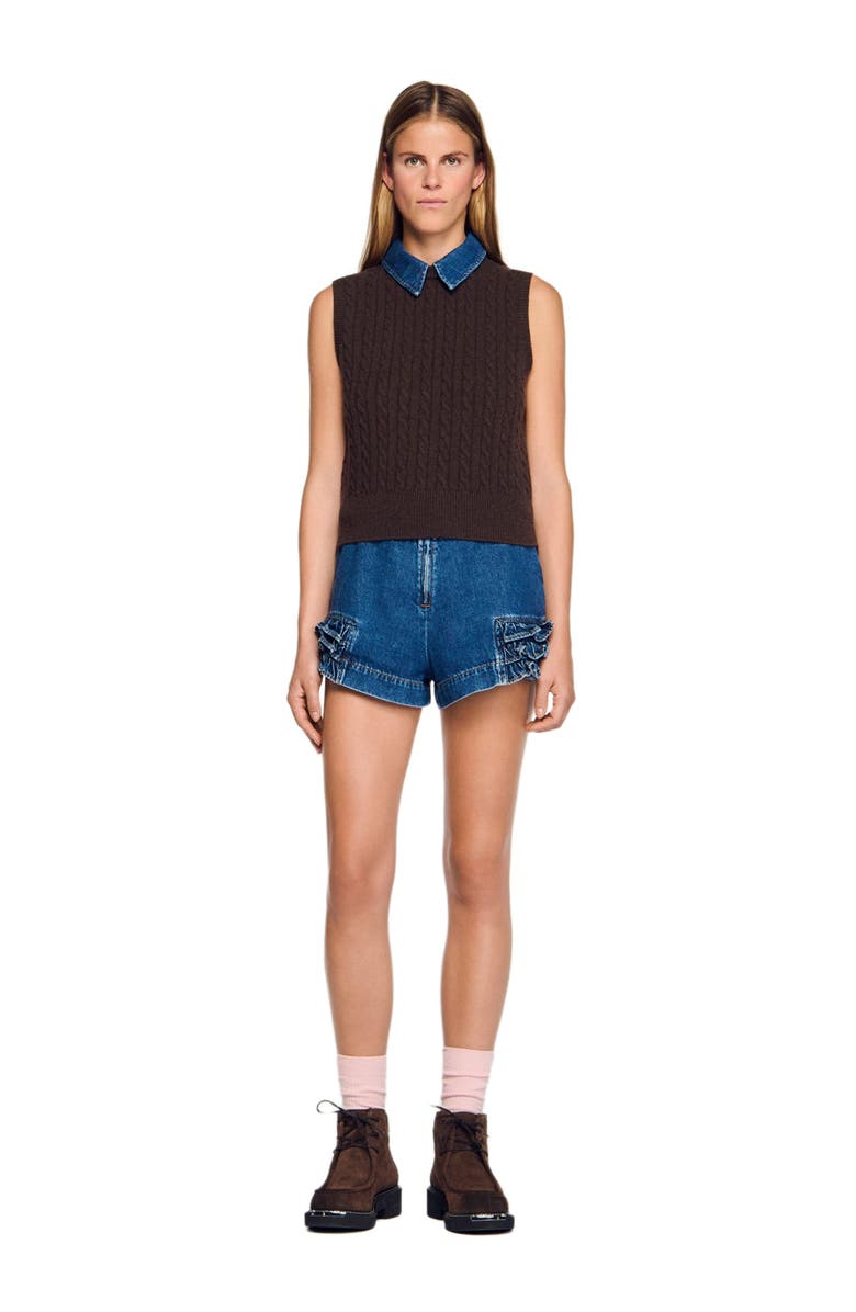 SANDRO Knit sweater with removable denim collar, Alternate, color, Brown