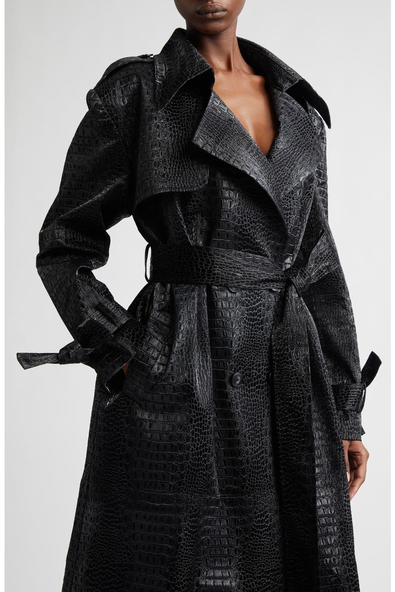 Croc Embossed Faux Leather Trench Coat, Alternate, color, BLACK