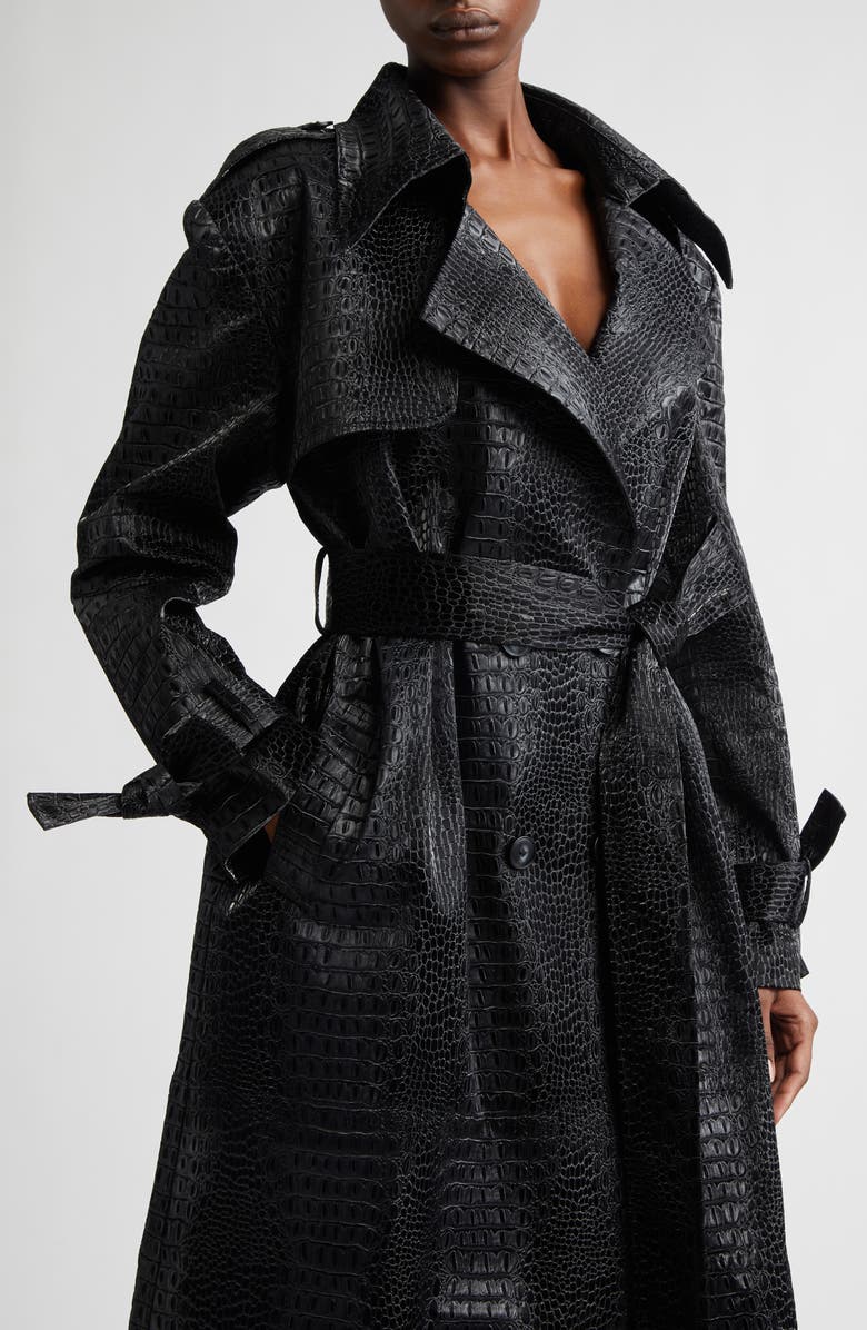 KIM SHUI Croc Embossed Faux Leather Trench Coat, Alternate, color, Black