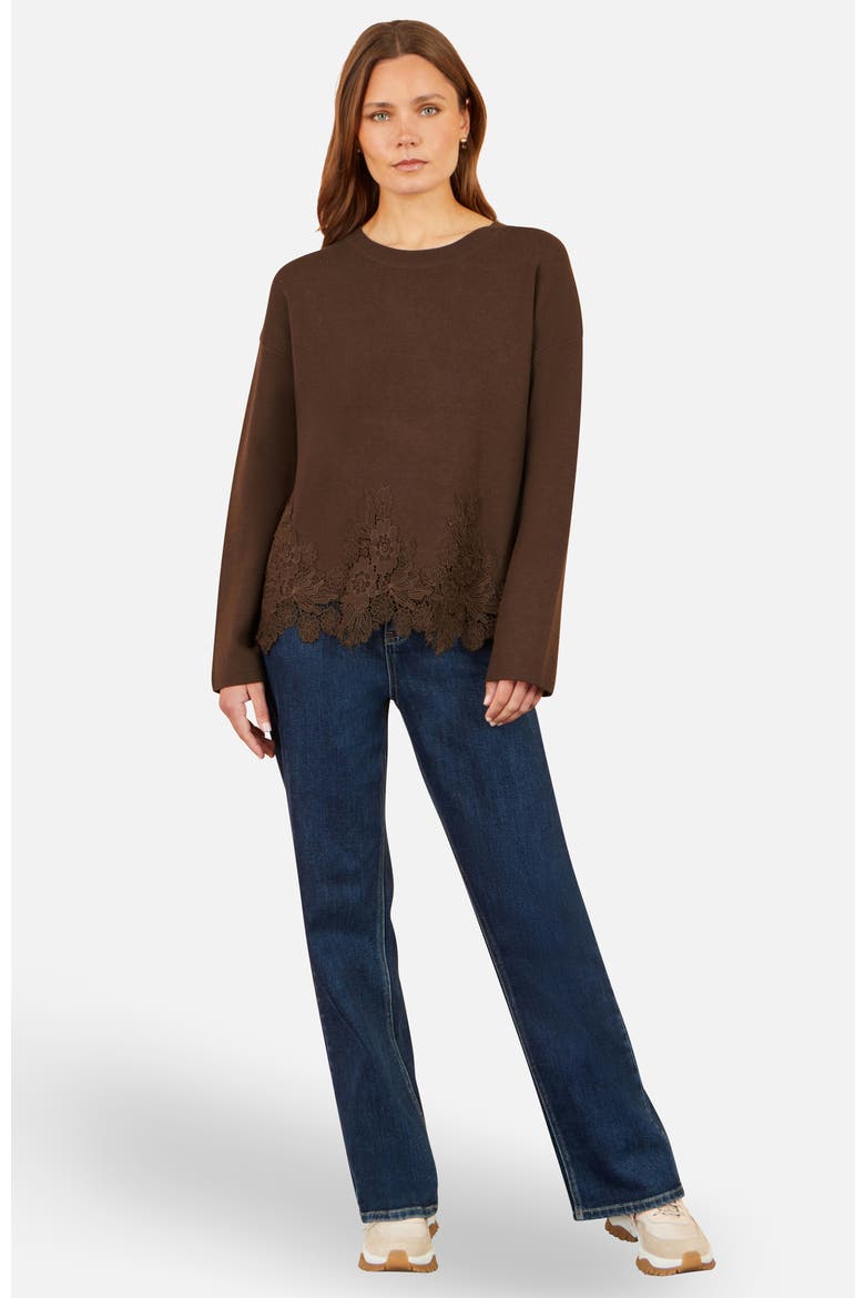 Relaxed Floral Lace Trim Jumper, Alternate, color, Brown