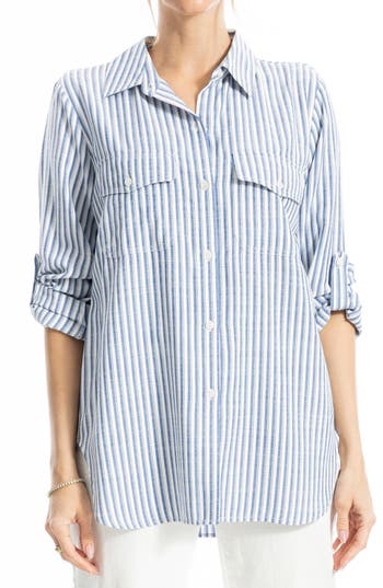 Max Studio Stripe Roll Tab Button-up Utility Shirt In Blue
