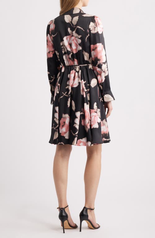 Tahari Asl Floral Long Sleeve Shirtdress In Black Pink