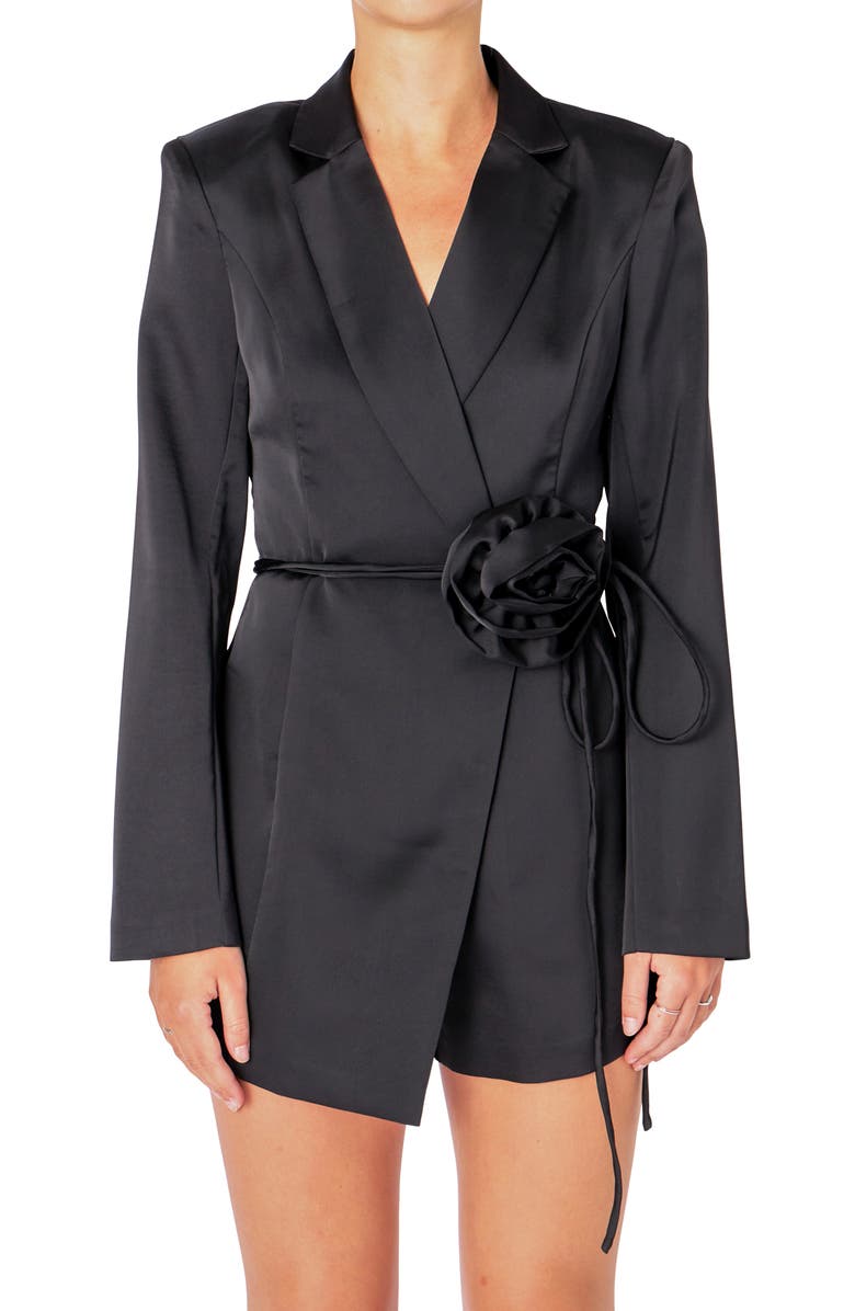 Endless Rose Corsage Tie Long Sleeve Romper, Alternate, color, Black