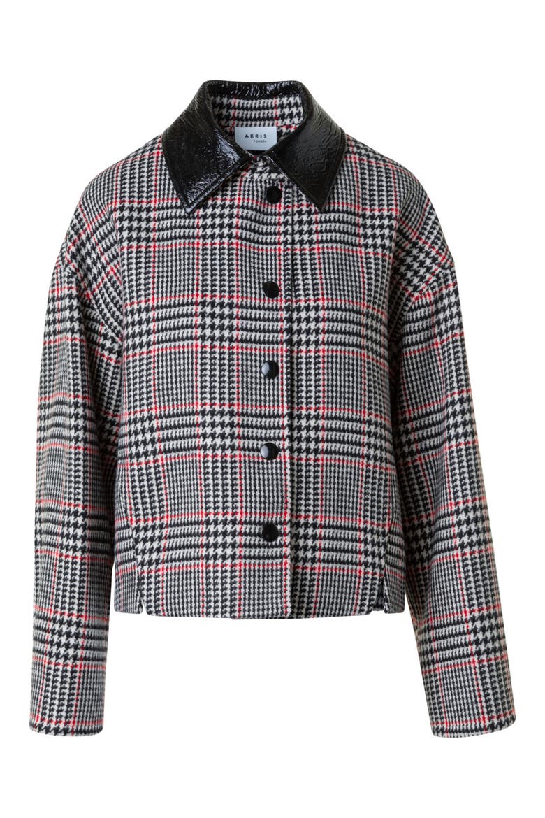 Glen Plaid Wool Jacket with Faux Leather Collar, Alternate, color, BLACK-CREAM-VERMILLION