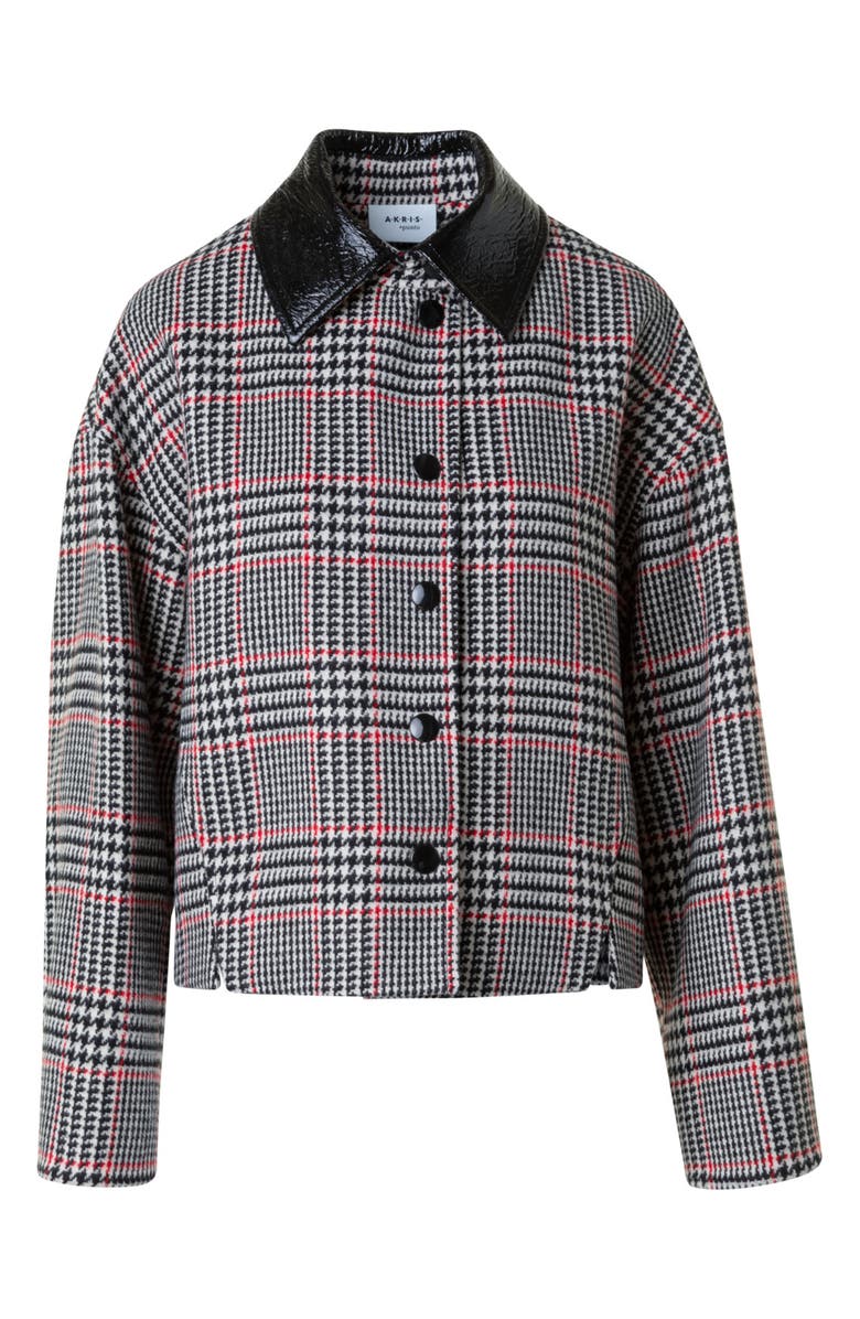 Akris punto Glen Plaid Wool Jacket with Faux Leather Collar, Alternate, color, Black-Cream-Vermillion