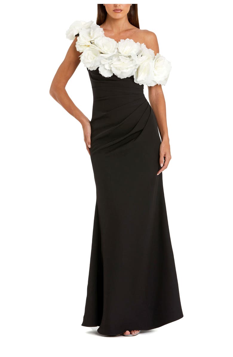 Mac Duggal Jersey Gown With 3D Flower Off The Shoulder Detail, Main, color, Black Cream