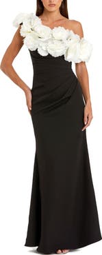 Mac Duggal Jersey Gown With 3D Flower Off The Shoulder Detail