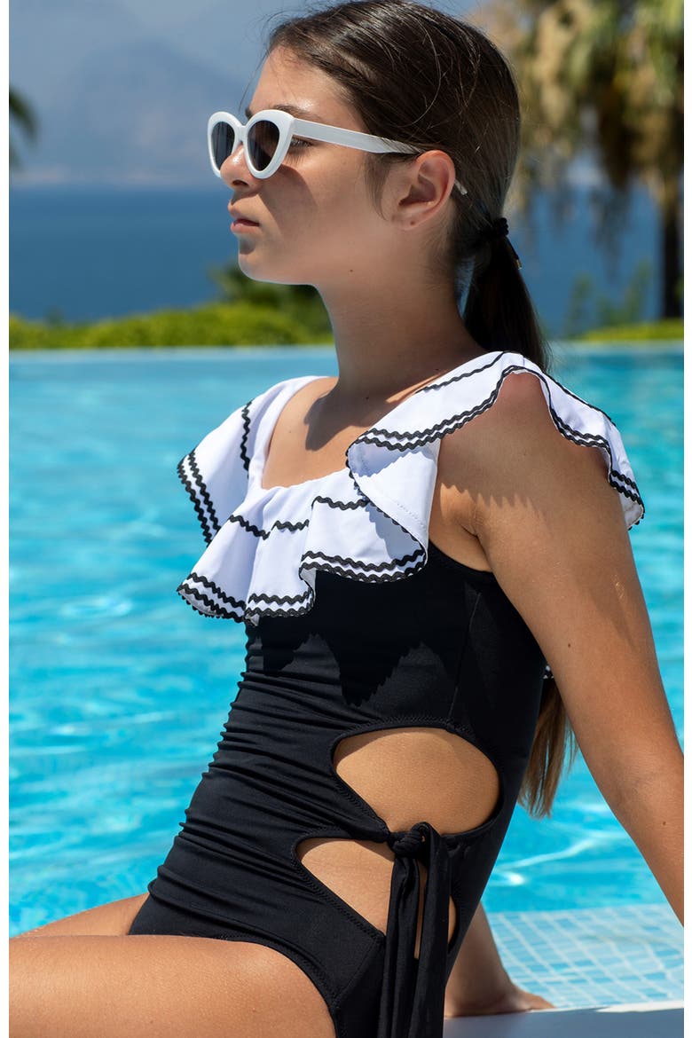 Off-Shoulder Cut-Out Ruffled One-Piece Swimsuit, Little Kid-Big Kid, Alternate, color, Black