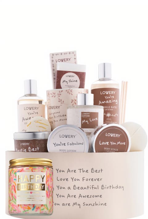 Happy Birthday Gift Set with Bath Essentials and Scented Candle