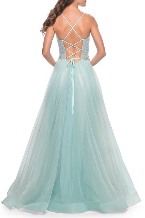 La Femme A-line Prom Gown With Ruched Bodice And Rhinestone Belt Detail