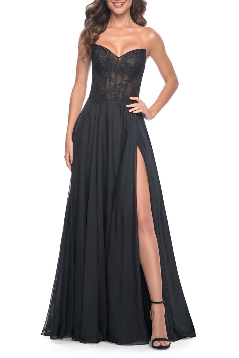 Strapless Chiffon Prom Gown with Lace Illusion Bodice, Alternate, color, Black