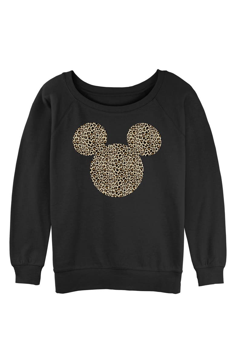 Mickey & Friends Junior's Mickey & Friends Cheetah Print Mouse Logo Sweatshirt, Main, color, Black