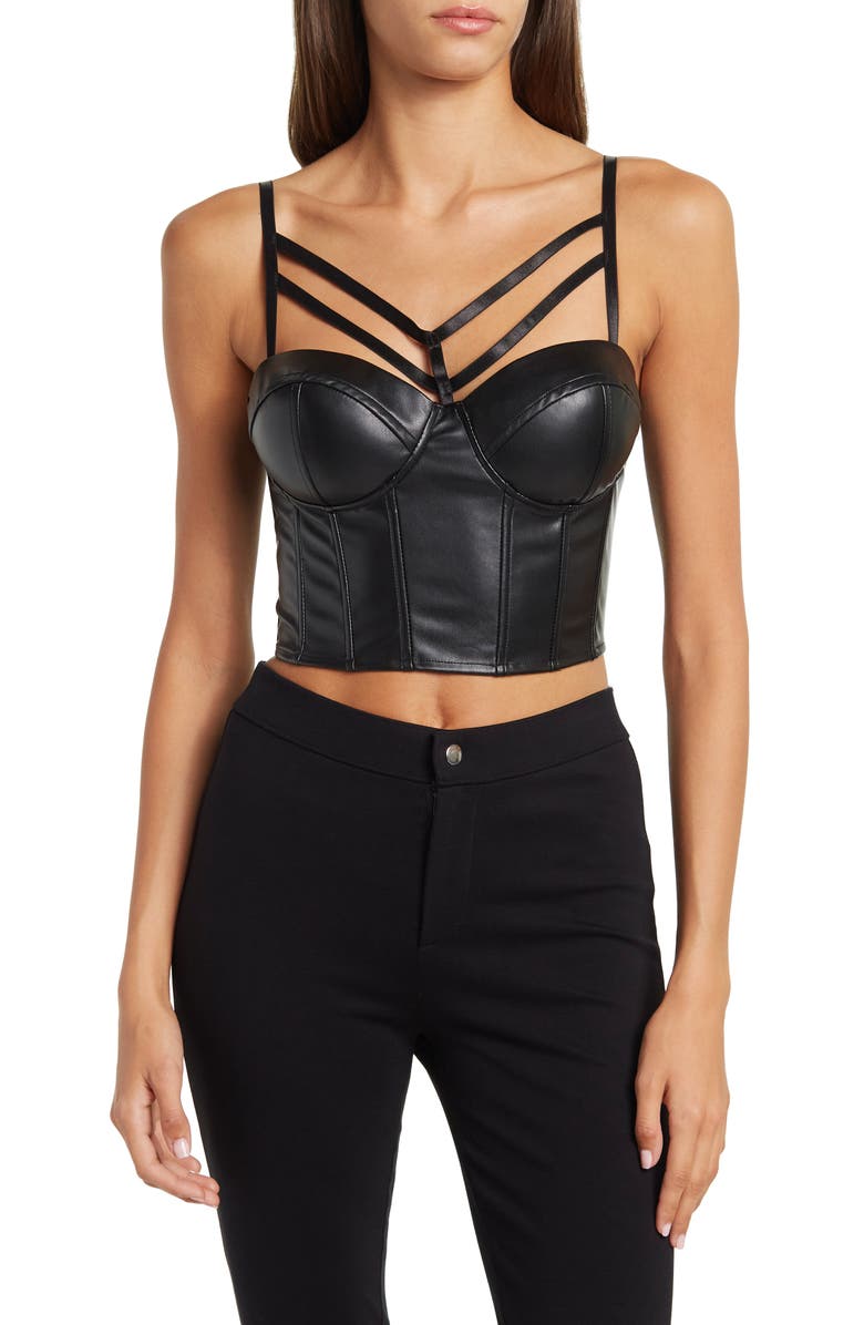 SECRET LACE Cage Vegan Leather Bustier, Main, color, Black