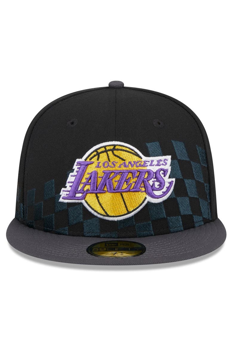 Men's New Era Black Los Angeles Lakers  Rally Drive Checkerboard 59FIFTY Crown Fitted Hat, Alternate, color, Black