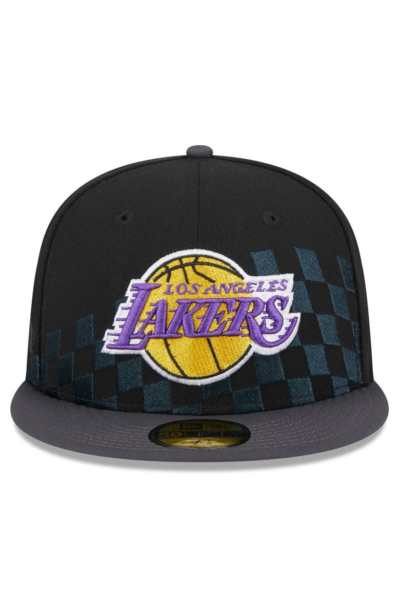 New Era Men's New Era Black Los Angeles Lakers Rally Drive Checkerboard 59FIFTY Crown Fitted Hat, Alternate, color, Black