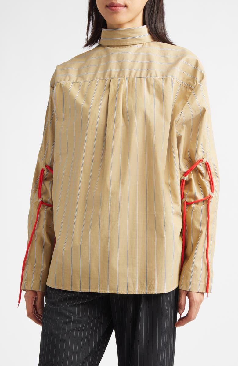 KÚR Circle Detail Stripe Organic Cotton Button-Up Shirt, Alternate, color, Mud Brown