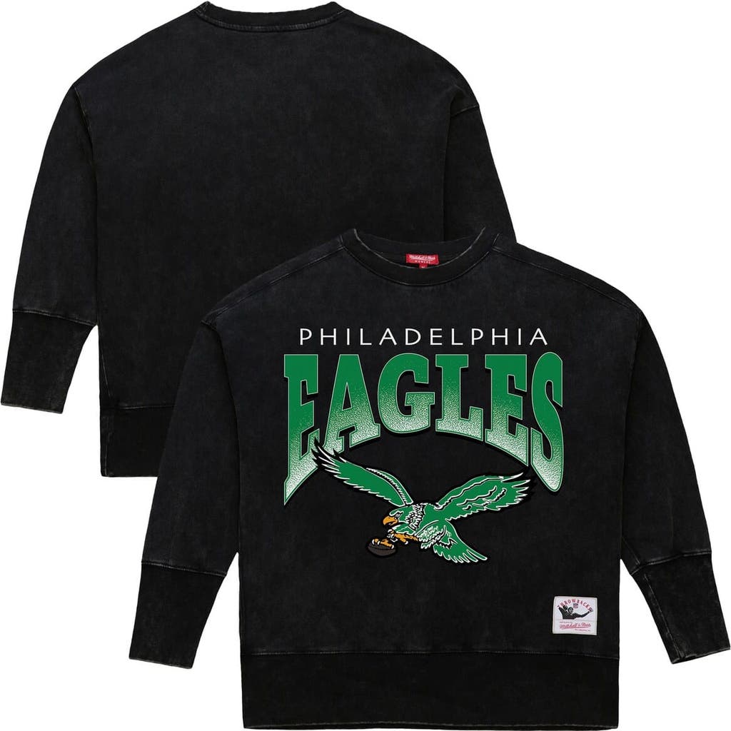 Mitchell & Ness Women's Black Philadelphia Eagles Delineate Mineral Wash Crewneck Sweatshirt In Black