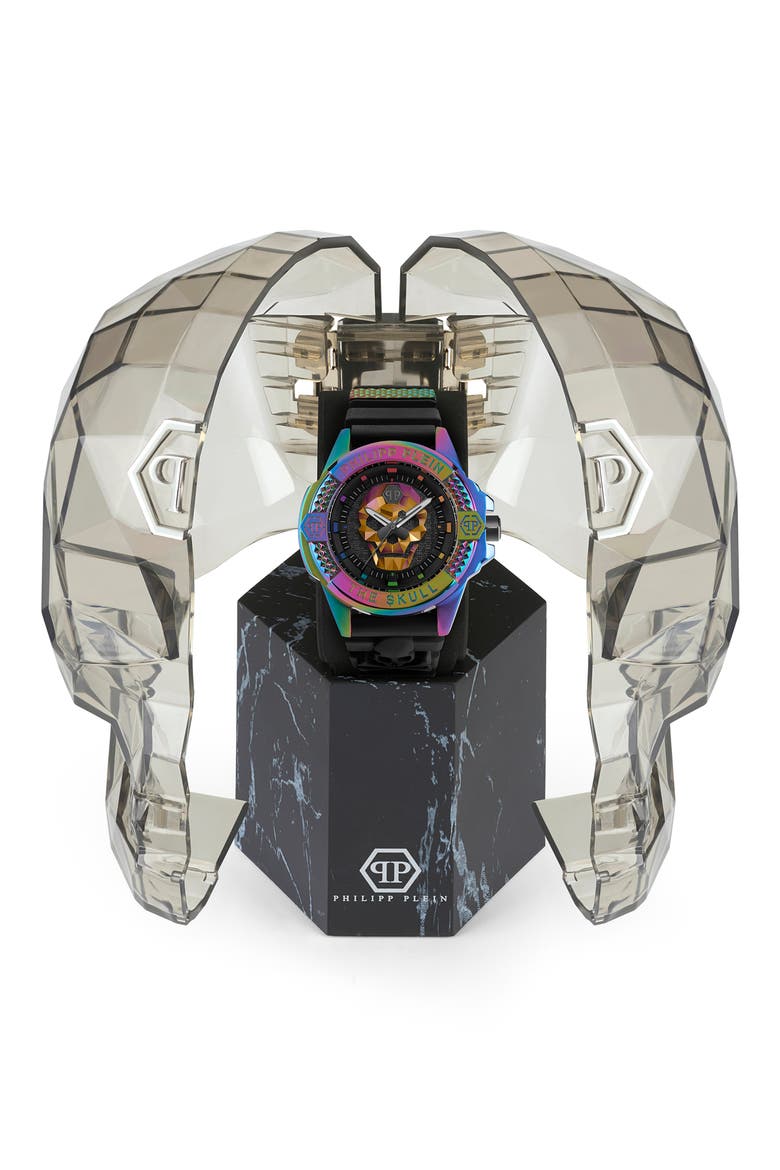 The Skull Silicone Strap Watch, 44mm, Alternate, color, IP RAINBOW