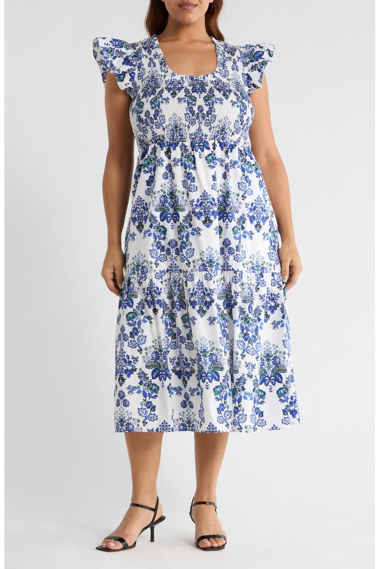 Viara Floral Giza Smocked Cotton Midi Dress, Main, color, BLUES-WHITE