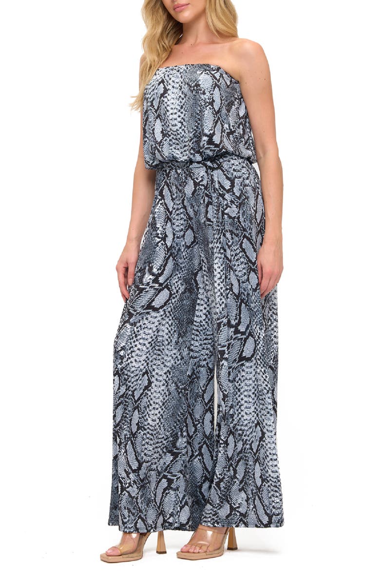 Snakeskin Print Wide Leg Strapless Jumpsuit, Alternate, color, BLUE REPTILE