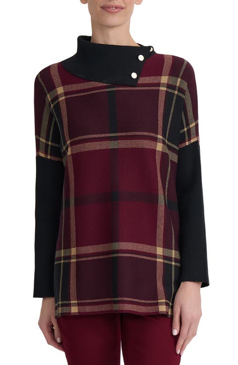 Split-Neck Plaid Poncho Sweater