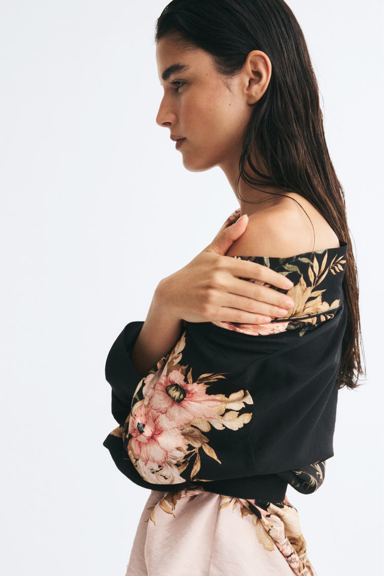 Viscose-Blend Tie-Belt Jacket, Alternate, color, Black/floral