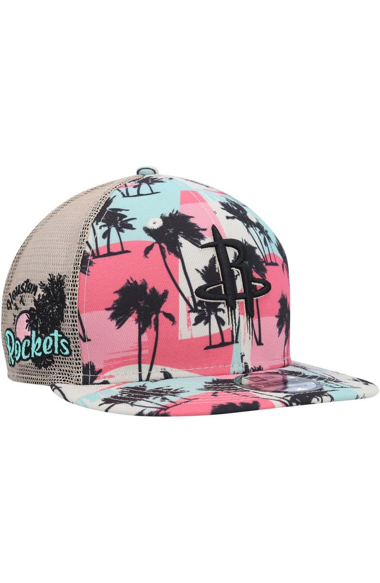 New Era Men's New Era Cream Houston Rockets Palm Trees 9FIFTY Trucker Snapback Hat, Main, color, 