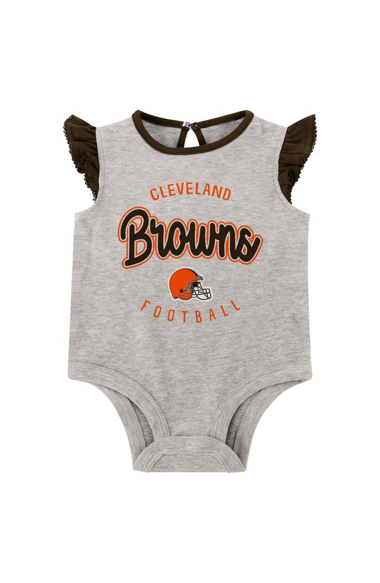 Outerstuff Girls Infant Heather Gray/Brown Cleveland Browns All Dolled Up Three-Piece Bodysuit, Skirt & Booties Set, Alternate, color, 