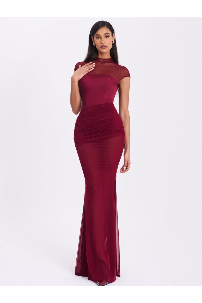 Fabienne Mesh Cap Sleeve Mermaid Gown, Alternate, color, Burgundy