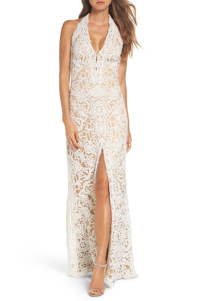 Halter Sequin Lace Column Wedding Dress, Main, color, IVORY/PETAL