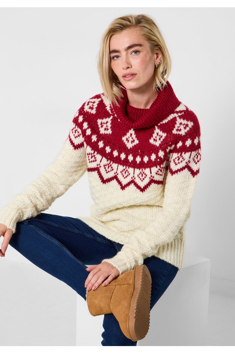 Festive Cowlneck Sweater, Main, color, RED MEGA FAIRISLE
