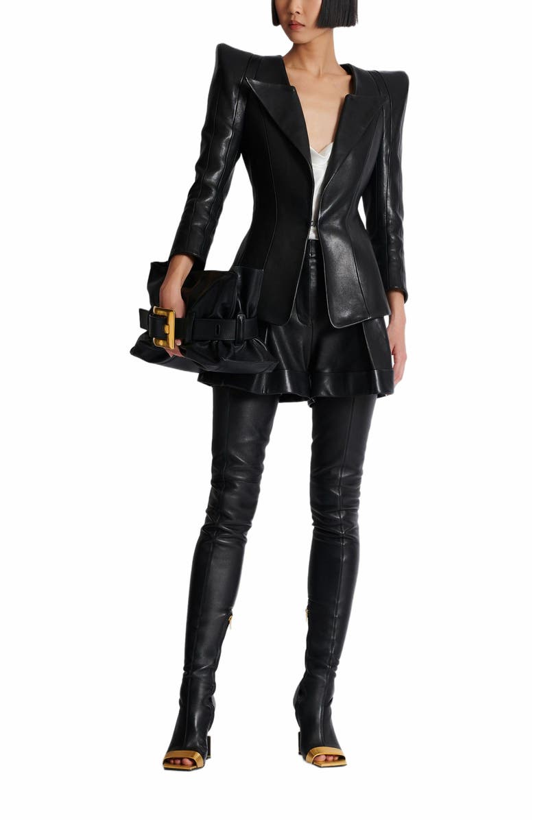 Balmain Pleated Lambskin Shorts, Alternate, color, Black