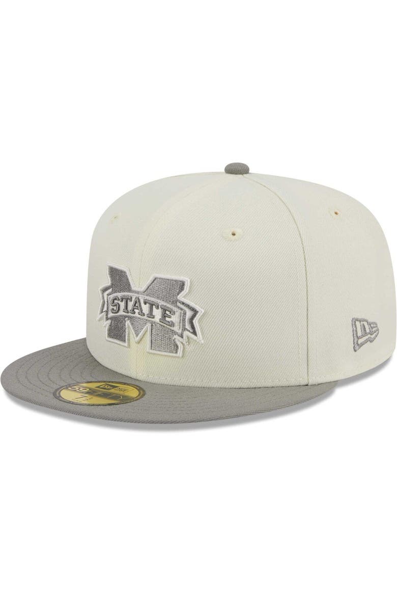 Men's New Era Stone/Gray Mississippi State Bulldogs Chrome & Concrete 59FIFTY Fitted Hat, Alternate, color, Cream