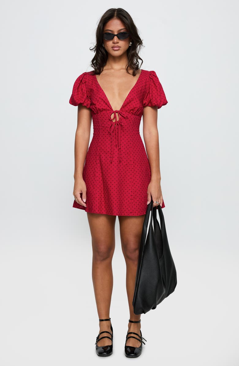 Princess Polly Beloved Polka Dot Puff Sleeve Linen Blend Minidress, Alternate, color, Red