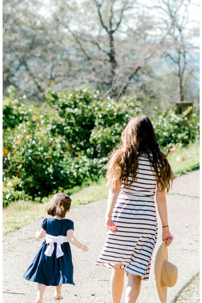 Women's Organic Tie-Waist Knit Dress, Alternate, color, White with Navy Stripe
