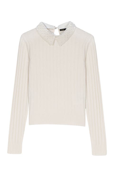 Pearl-collar ribbed sweater