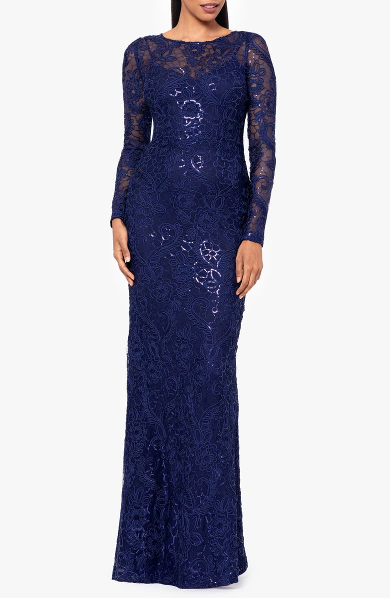 Betsy & Adam Sequin Long Sleeve Gown, Main, color, 