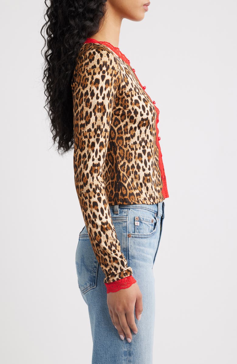 Princess Polly Pour It Up Leopard Lace Trim Button-Up Top, Alternate, color, Leopard