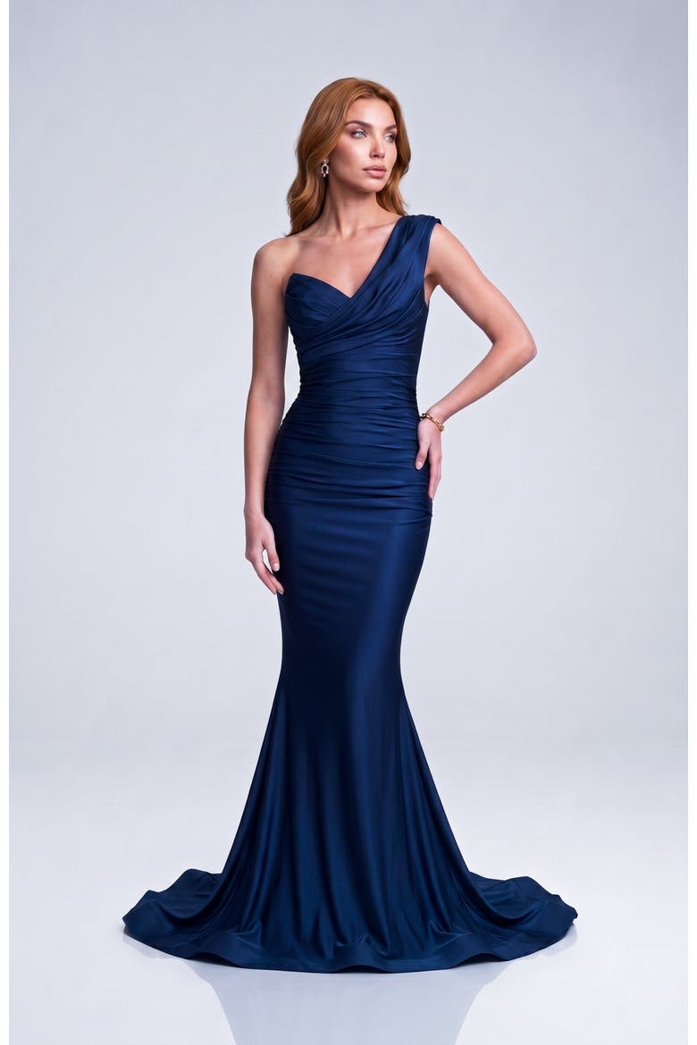 One-Shoulder Soft Draped Mermaid Gown, Main, color, Navy