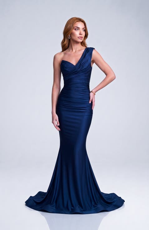 One-Shoulder Soft Draped Mermaid Gown