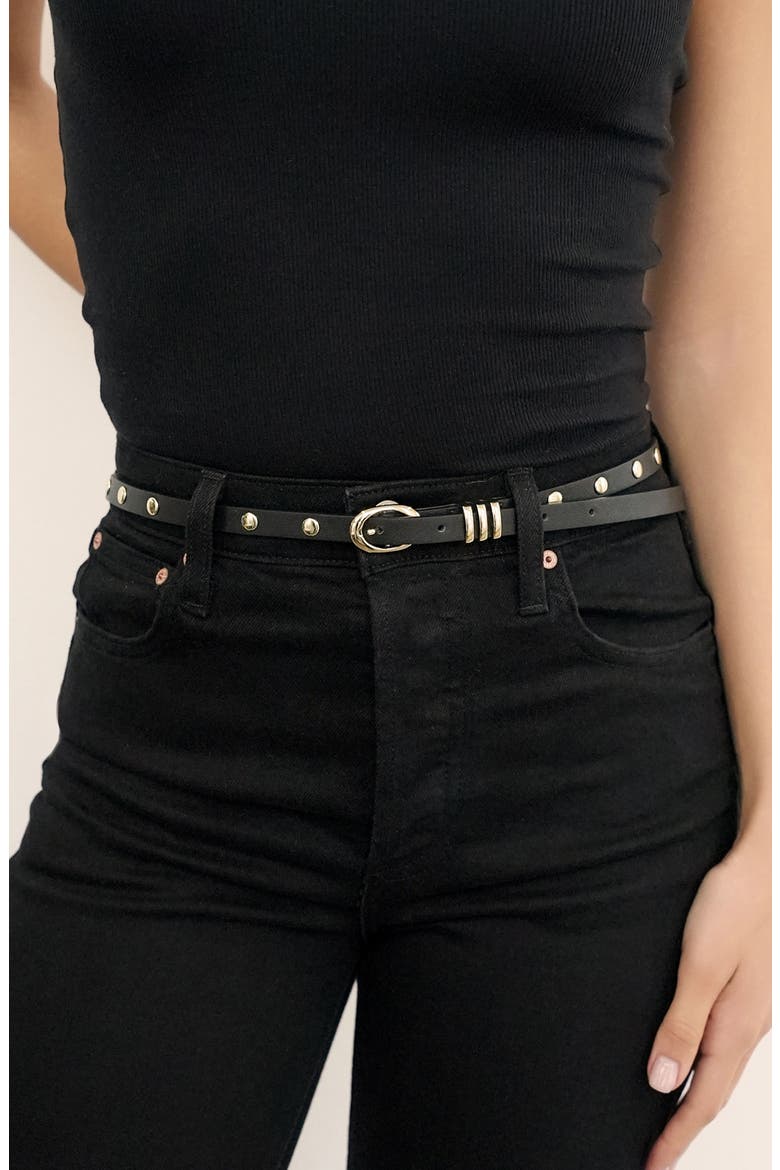 Skinny Studded Leather Belt, Alternate, color, BLACK